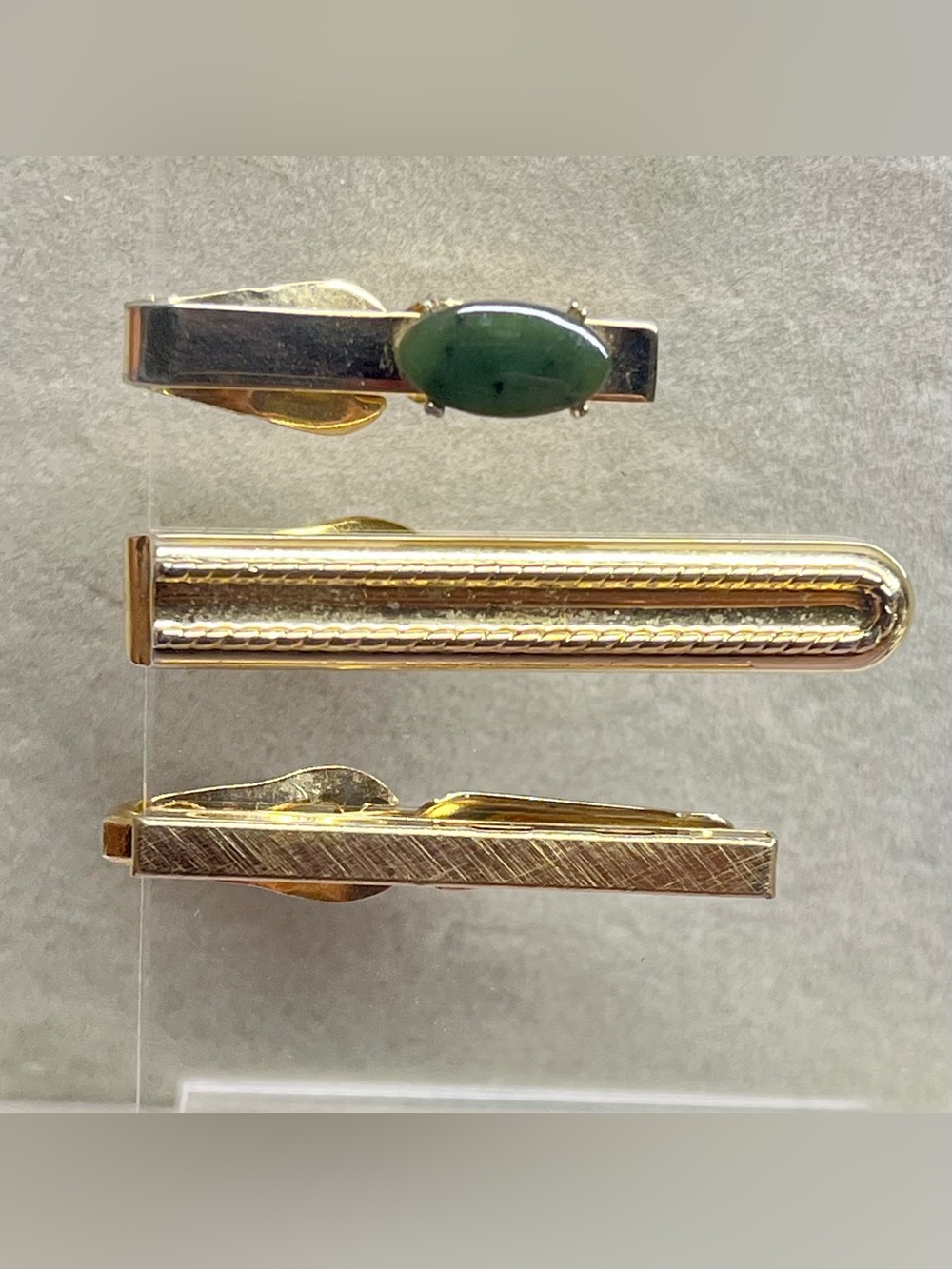 Swank Tie Clip Set of 3 Gold Tone Green Stone Signed Jade Vintage